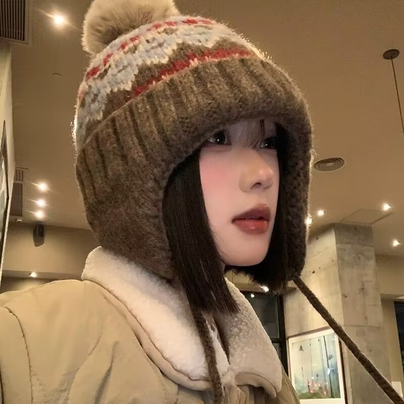 费尔岛风可爱保暖护耳毛线帽女2024新款秋冬帽子显脸小百搭雷锋帽