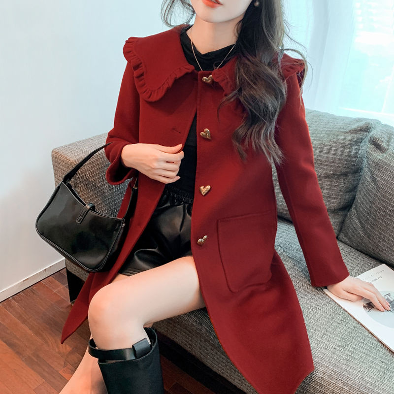 酒红色娃娃领中长款毛呢外套女装2023年新款冬季时尚双面女士大衣