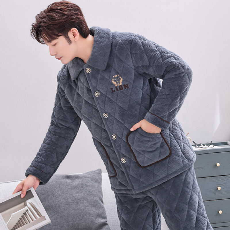 秋冬季男士睡衣三层夹棉珊瑚绒冬款加厚加绒保暖牛奶绒家居服套装