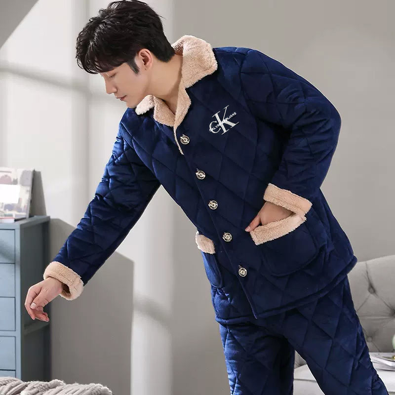 男士加厚睡衣三层夹棉加绒可外穿家居服珊瑚绒秋冬款法兰绒男套装