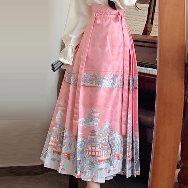 2025秋新中式缎面中国风汉元素印花半身裙系带改良马面裙女半身裙