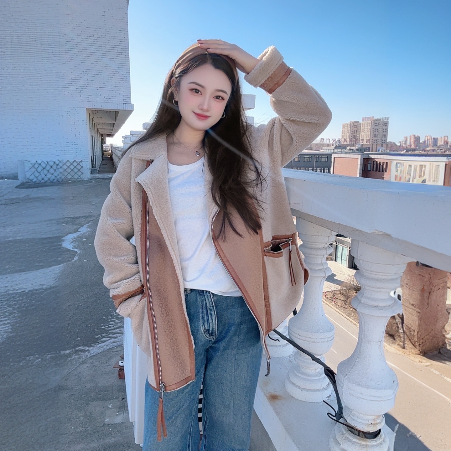 【桃子原创】冬季新款女士羊毛翻领外套机车宽松羊毛休闲时尚气质