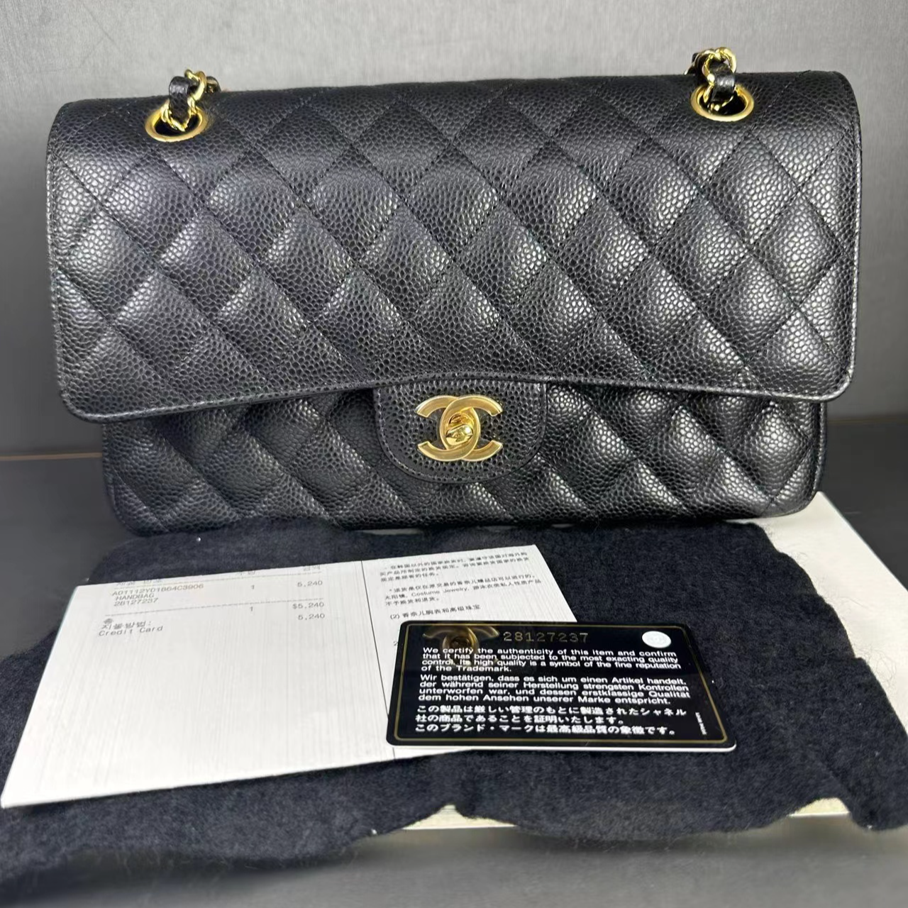 99新 Chanel/香奈儿 灵灵子/黑金荔枝牛皮/中号28开全新未使用