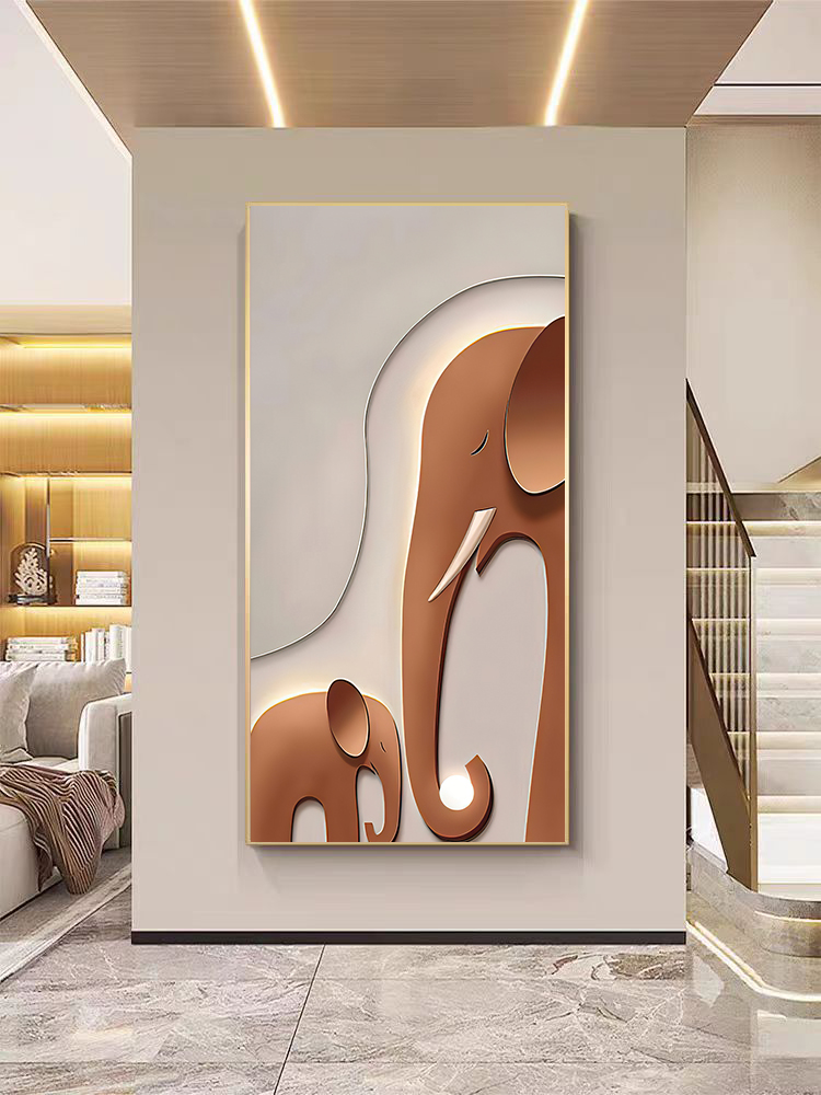 现代轻奢玄关装饰画高级感橙色大象挂画高档入户客厅走廊过道壁画