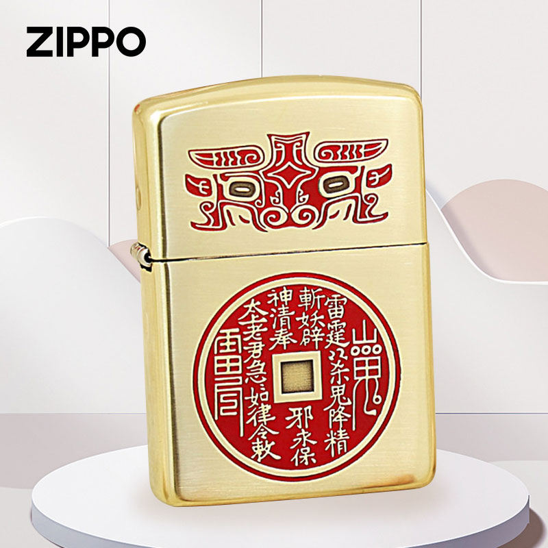 ZIPPO打火机正品168盔甲蚀刻填漆山鬼花钱煤油正版防风火机男士TQ