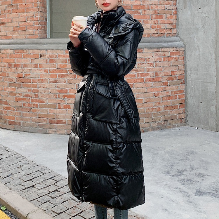 白鸭鸭羽绒棉服女免洗中长款2022新款过膝长款收腰显瘦黑色立领大