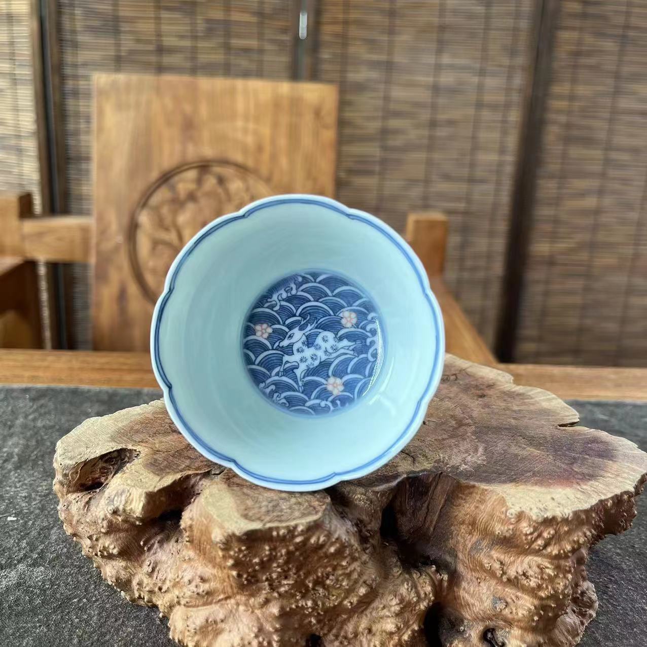 花口青绿手绘精美陶瓷主人杯复古品茗杯茶杯