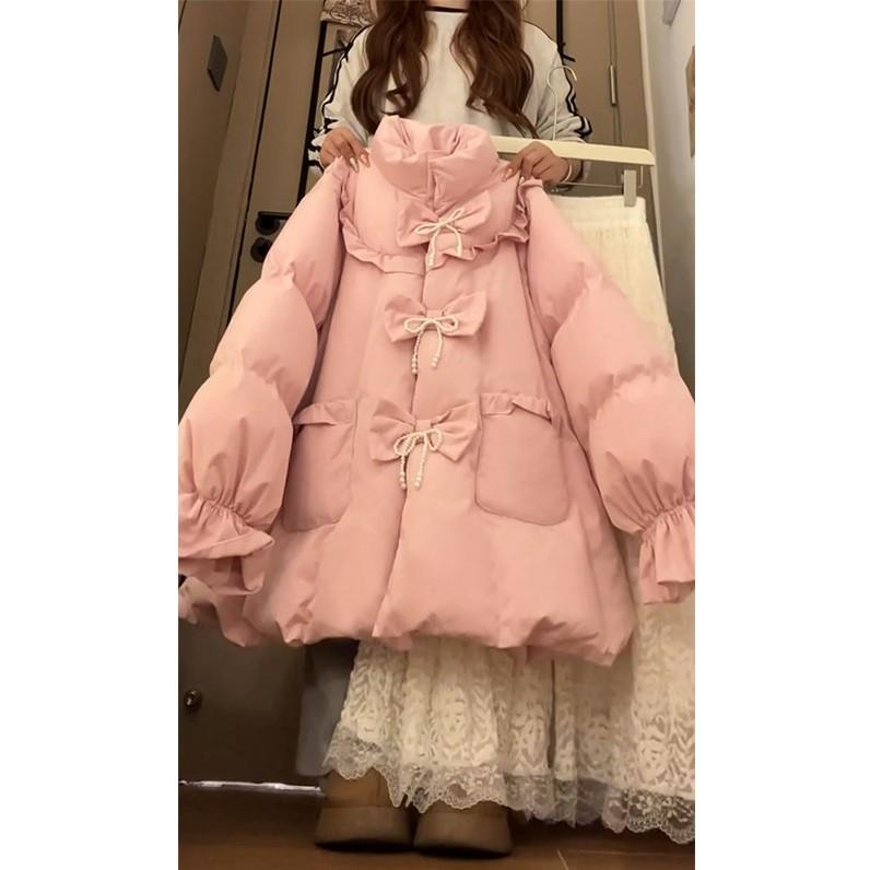 甜美复古蝴蝶结珍珠棉服女冬季宽松加厚保暖立领棉衣面包服外套潮