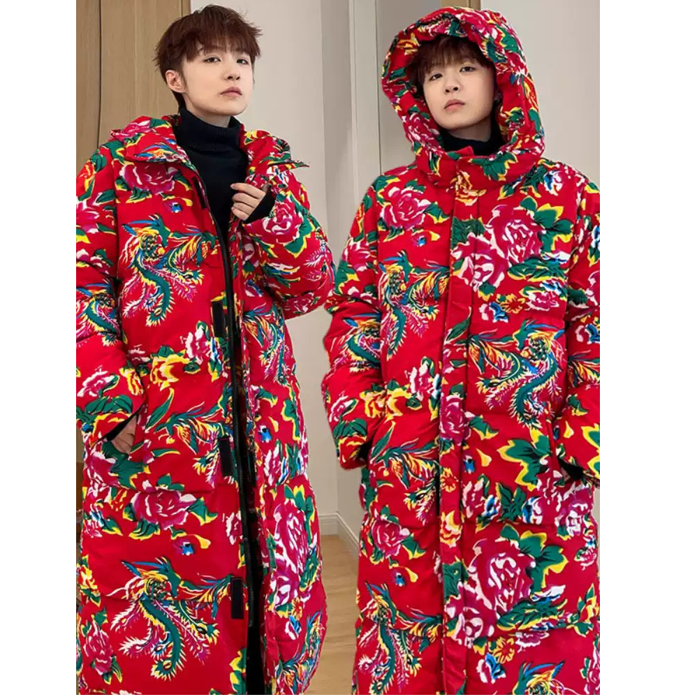 长款棉衣外套男东北大花棉袄中国风汉服男款秋冬季羽绒棉服大衣女