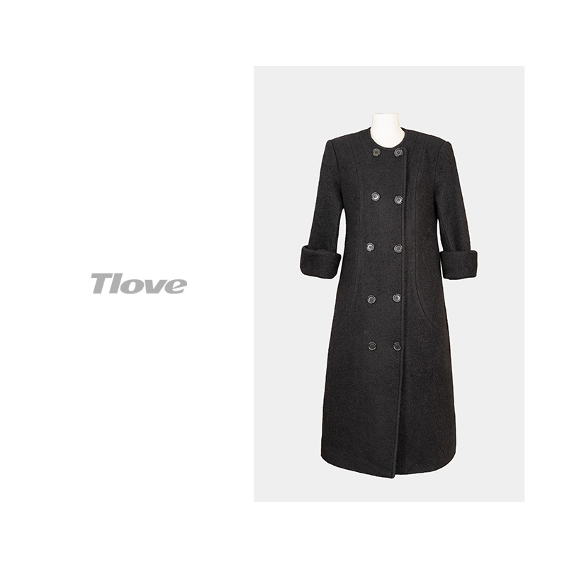 Z735时尚韩版双排扣中长款过膝黑色羊毛外套女秋冬季新款妮子大衣