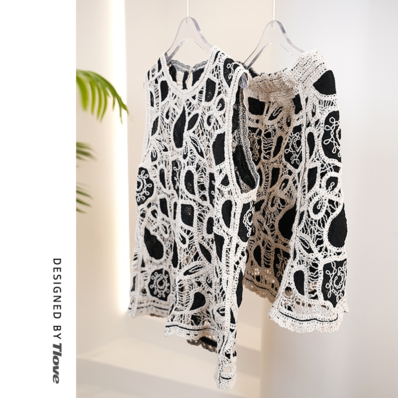 Z634时尚针织夏季镂空上衣裙子女士宽松无袖百搭套装