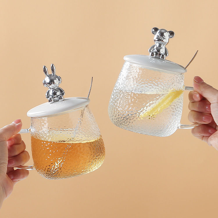 小熊杯子ins高颜值花茶杯简约时尚玻璃杯带盖可爱马克杯玻璃水杯