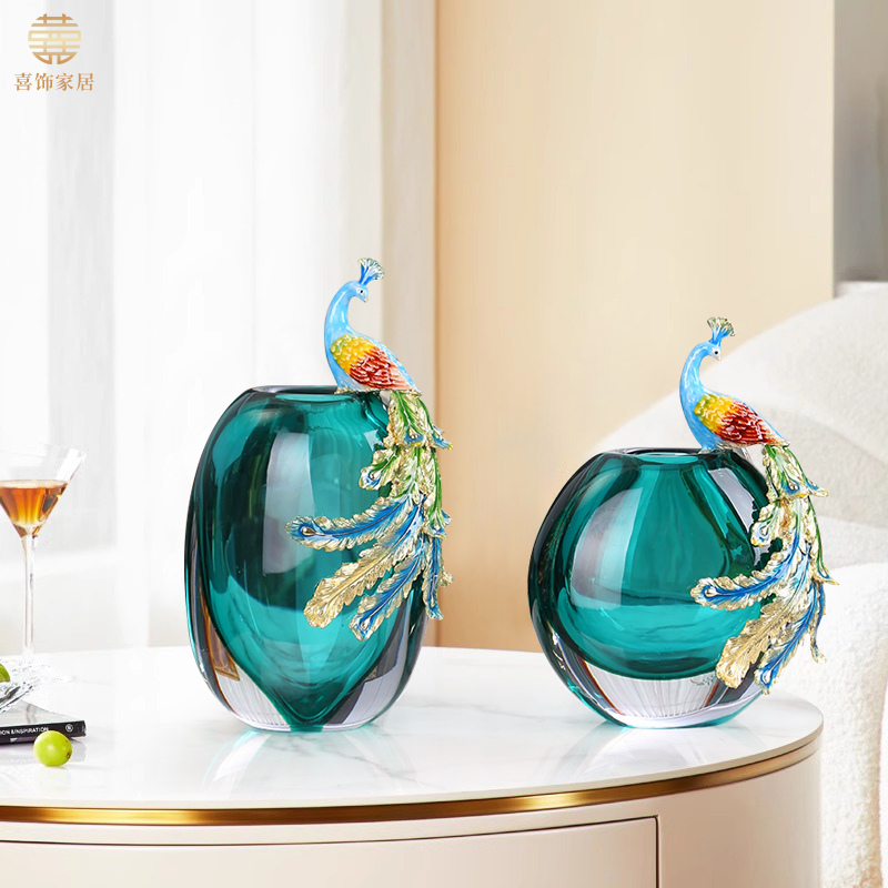 轻奢珐琅彩孔雀琉璃花瓶摆件创意客厅现代玄关电视柜餐桌装饰品