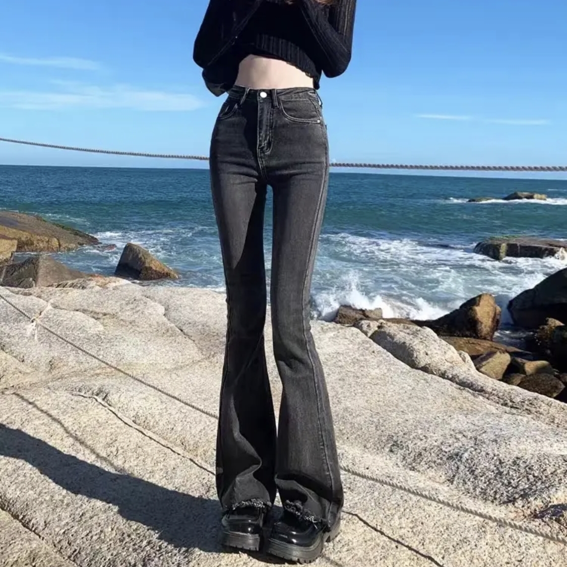 加绒加厚牛仔裤女九分微喇叭弹力高腰显瘦小个子修身