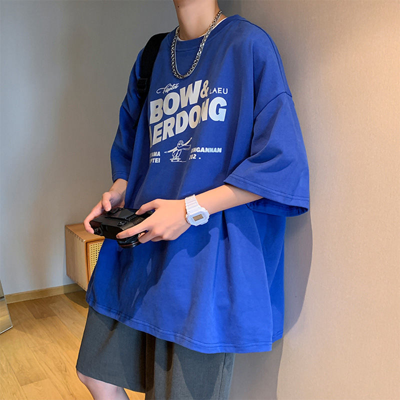 美式街头克莱因蓝短袖t恤男潮牌ins宽松夏季半袖潮流百搭五分体恤