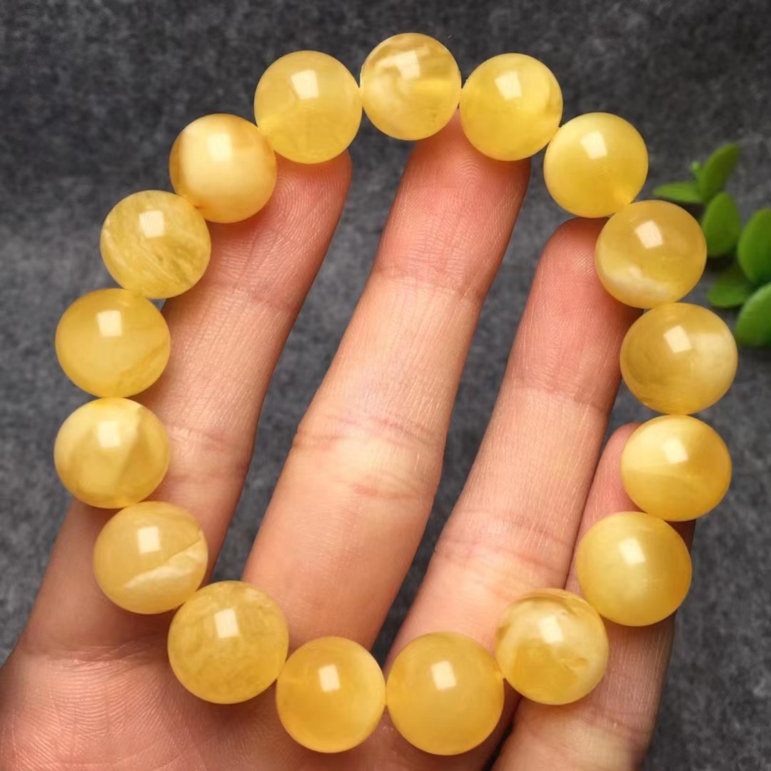 原矿俄料蜜蜡手链单圈满蜜白花蜜妖花纹腊琥珀上等蜜蜡手串