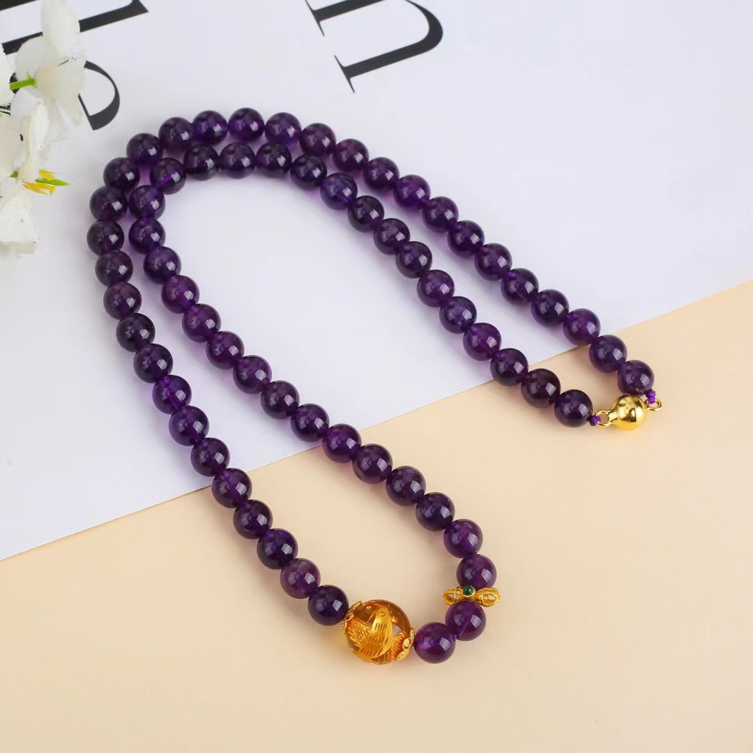 乌拉圭天然紫水晶蓝珀项链女款时尚琥珀锁骨链毛衣链高级串珠饰品