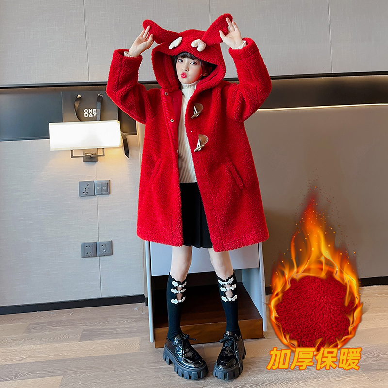 女童皮毛一体加绒外套女孩洋气中长款时髦喜庆年服加厚冬季大衣潮