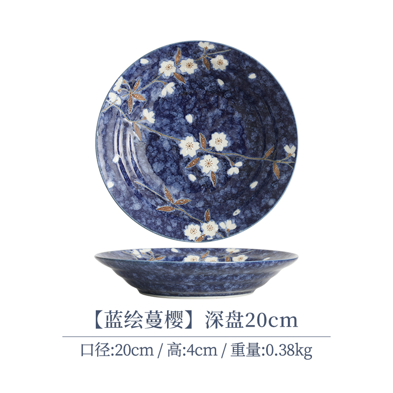 【2支】日本进口蓝绘蔓樱陶瓷深盘20cm