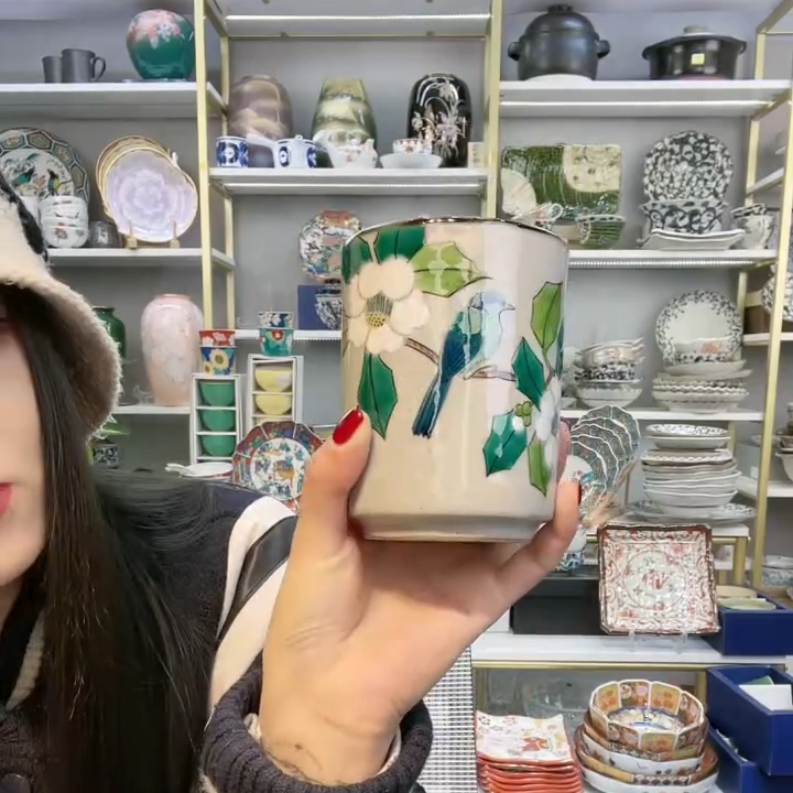 当代 【单支】日本进口九谷烧白山茶山雀寿司汤吞杯400ml