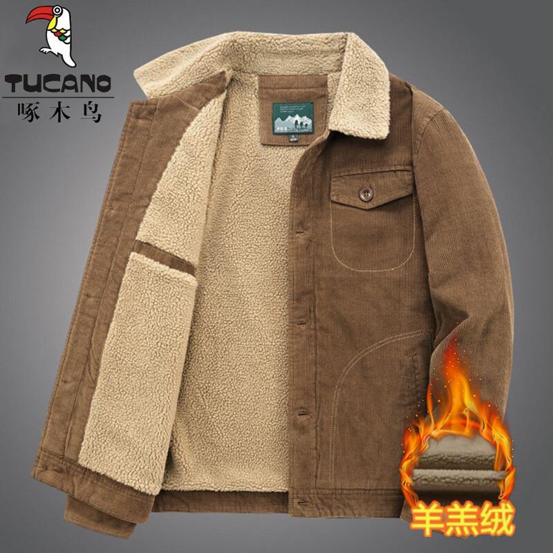 啄木鸟灯芯绒棉衣男冬季加绒夹克中老年复古工装休闲羊羔绒外套男