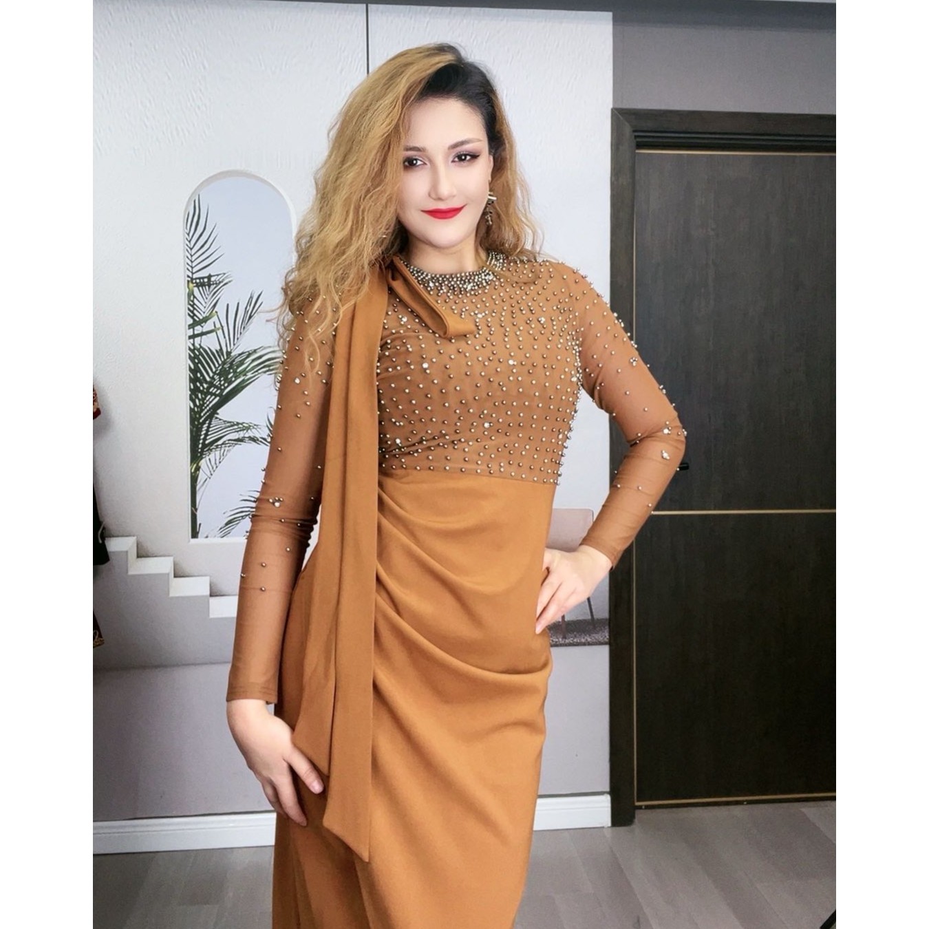 2024款显瘦气质修身拼接韩版带钻交叉时尚百搭长袖针织开叉连衣裙