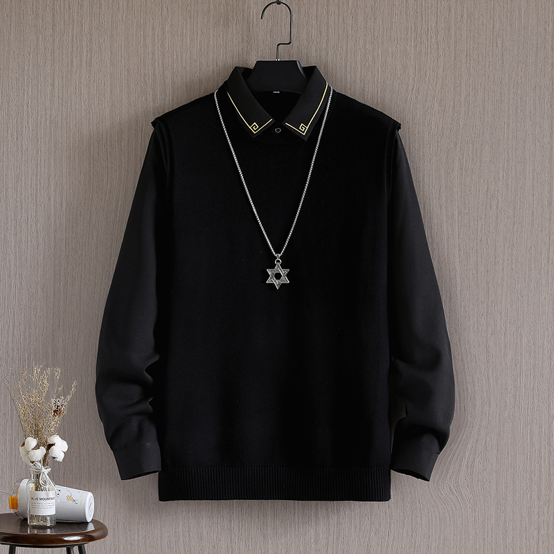 修身圆领百搭套头宽松新假两件时尚毛衣男衬衫领针织打底衫上衣