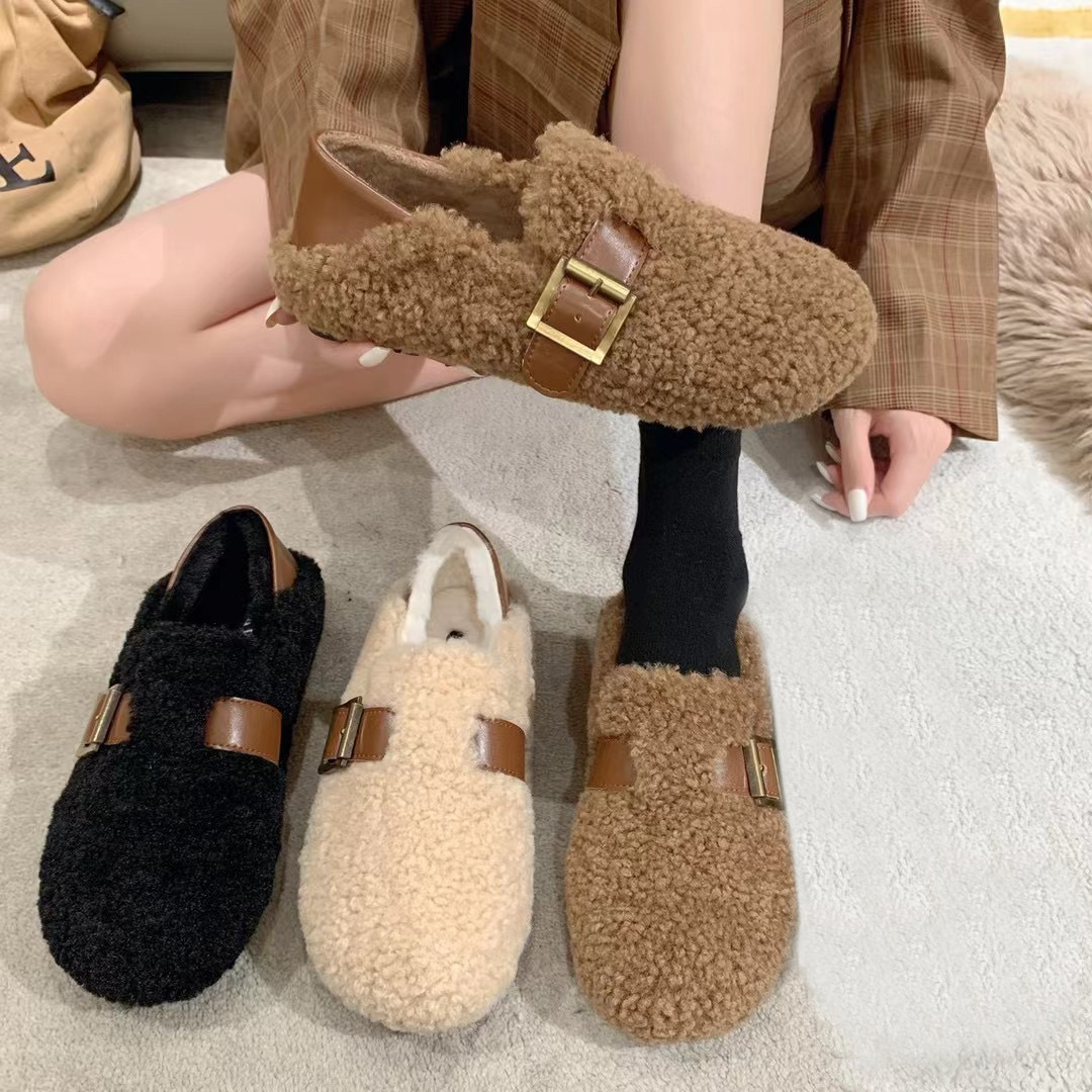 回力瑞一脚蹬两穿法毛毛鞋女冬新款勃肯鞋保暖加绒豆豆鞋软底时尚