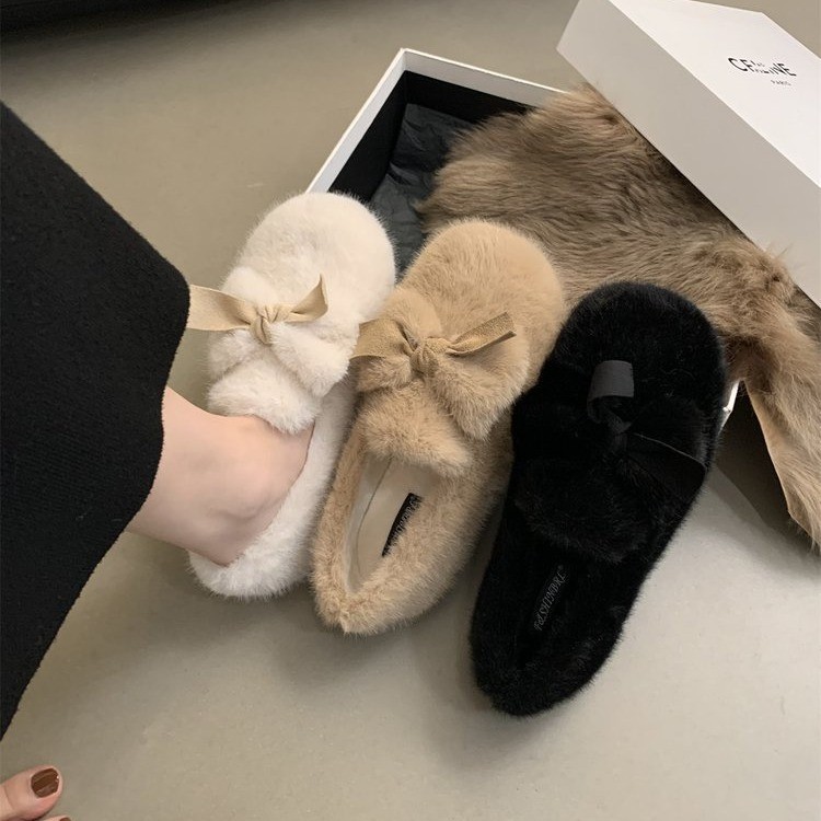 回力瑞网红外穿的毛毛鞋女新款蝴蝶结一脚蹬乐福冬季加绒豆豆鞋