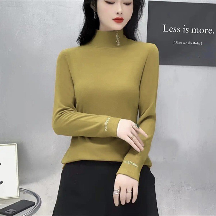 直播款2024秋冬新款时尚百搭半高领洋气双面绒字母长袖打底衫妈妈