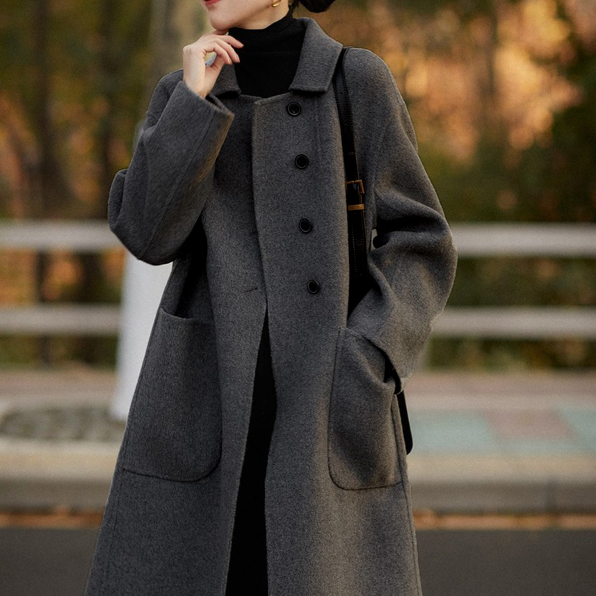 阅后秋冬季新款设计感斜扣眼中长款双面呢羊毛大衣秋冬季宽松休闲