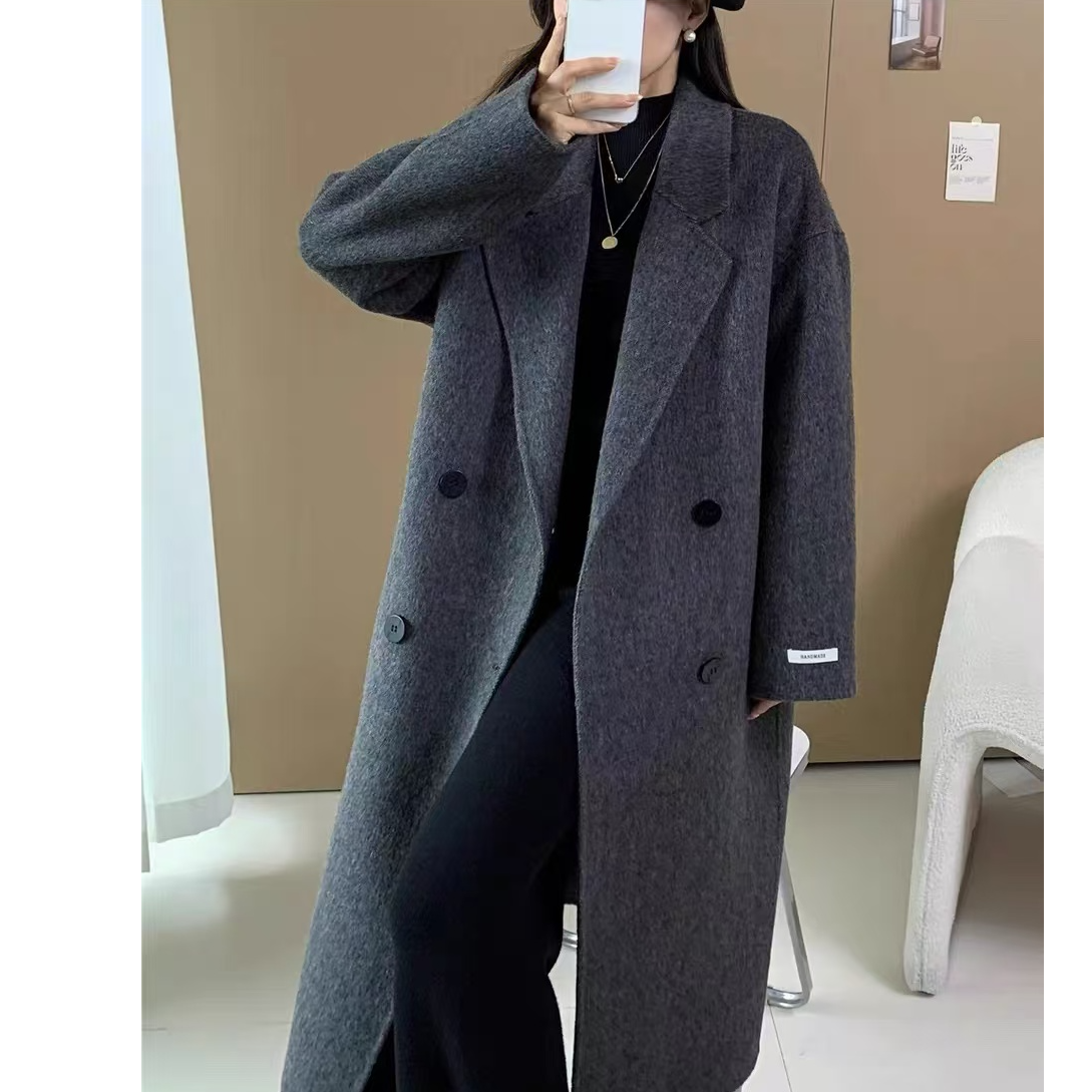 阅后新款设计感斜扣眼中长款双面呢羊毛大衣秋冬季宽松休闲搭配