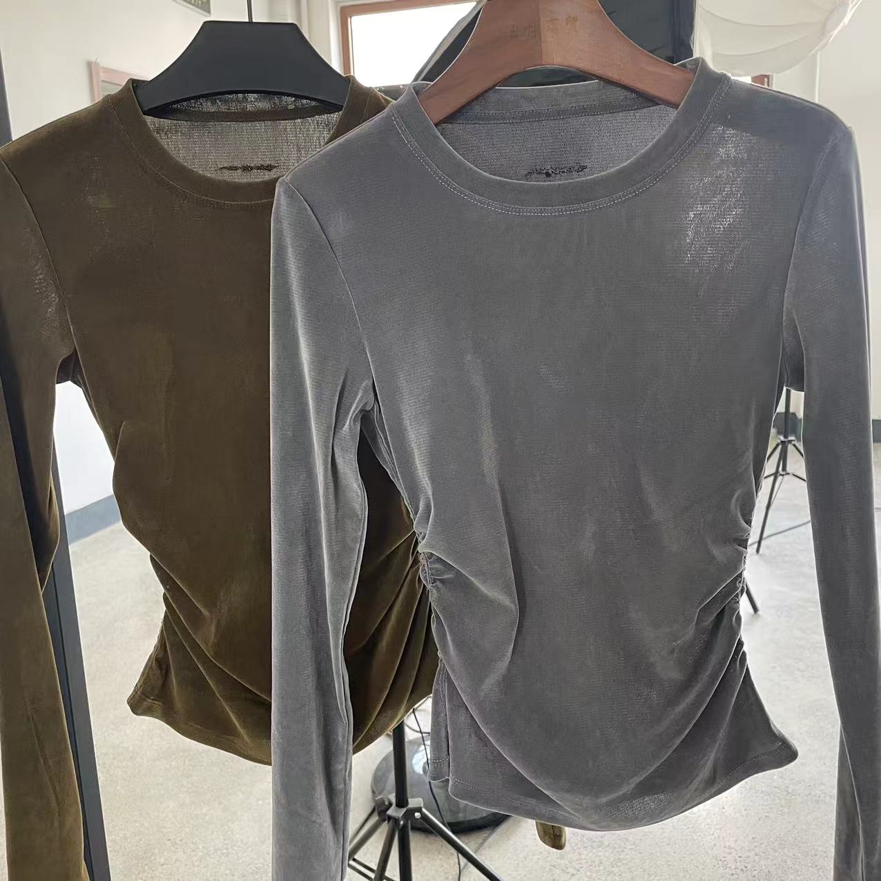 绿灰双色植绒网纱长袖T恤