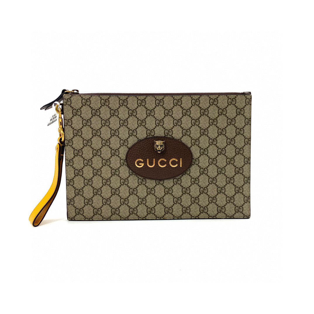 99新 GUCCI/古驰 经典时尚休闲老花中性简约虎头手拿包 尺寸30/20