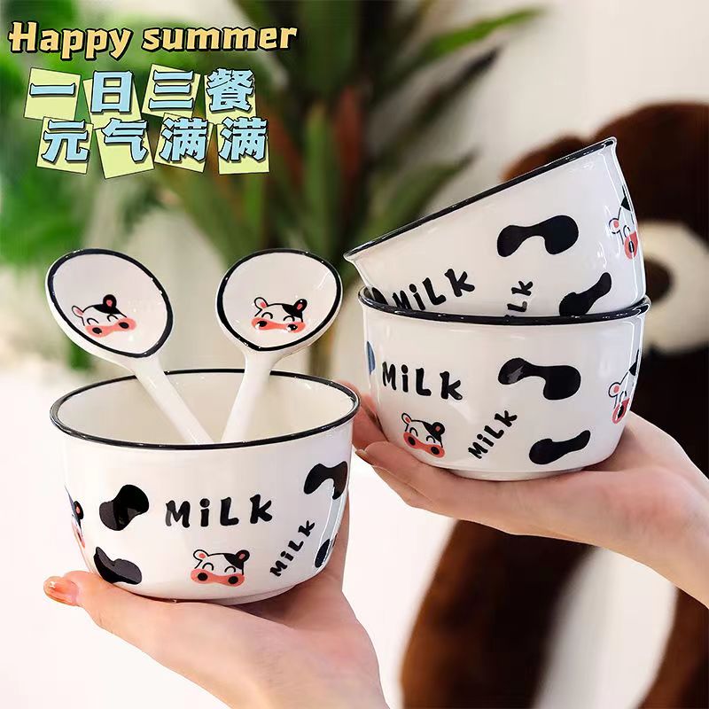 家用卡通奶牛宿舍陶瓷碗高颜值套釉下彩餐具吃饭碗情侣碗勺套装