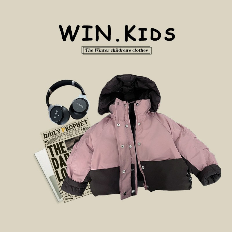 冬季男女宝时尚连帽双面穿羽绒服韩版洋气拼接上衣保暖加厚童装