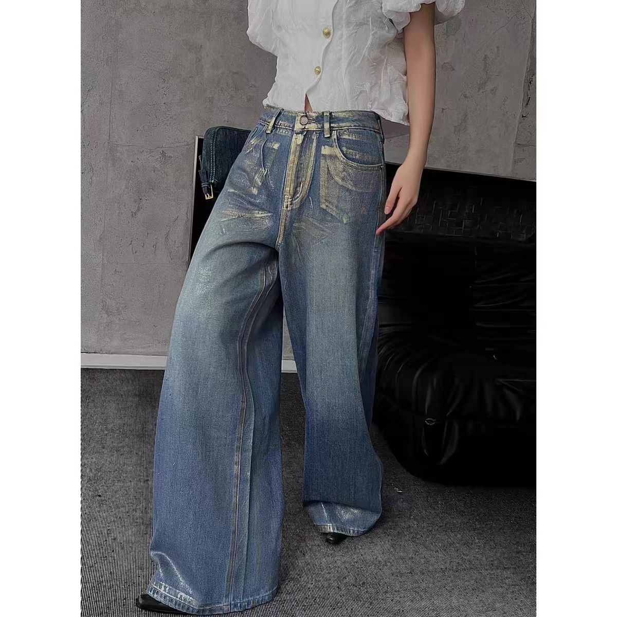 烫金设计欧美复古牛仔裤显瘦水洗拖地长裤女小众炸街款月亮不亮