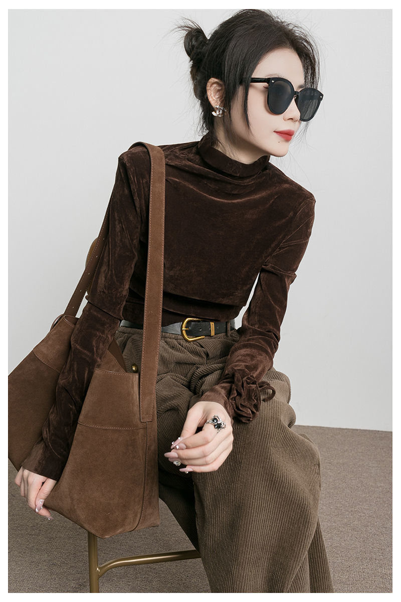 欧洲站高奢金丝绒别致漂亮打底衫开叉长袖T恤秋冬超显身材的上衣