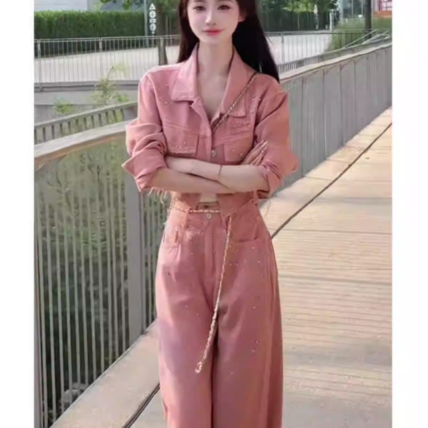 粉色韩剧穿搭网红套装女春装2024新款高级感休闲运动阔腿裤两件套