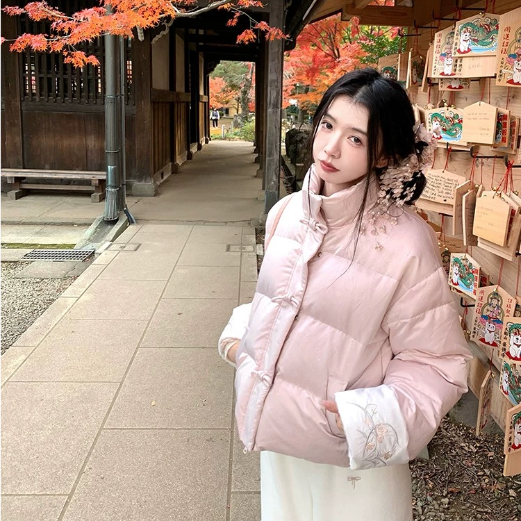 渔小平【冷冬之花】新中式国风90白鸭绒羽绒服短款立领宽松外套女