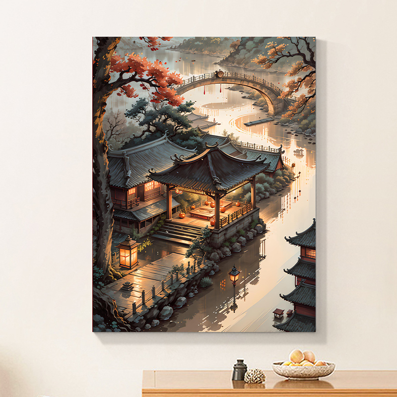 国风数字油画diy手工填色风景画油彩画高级感手绘涂色客厅装饰画 