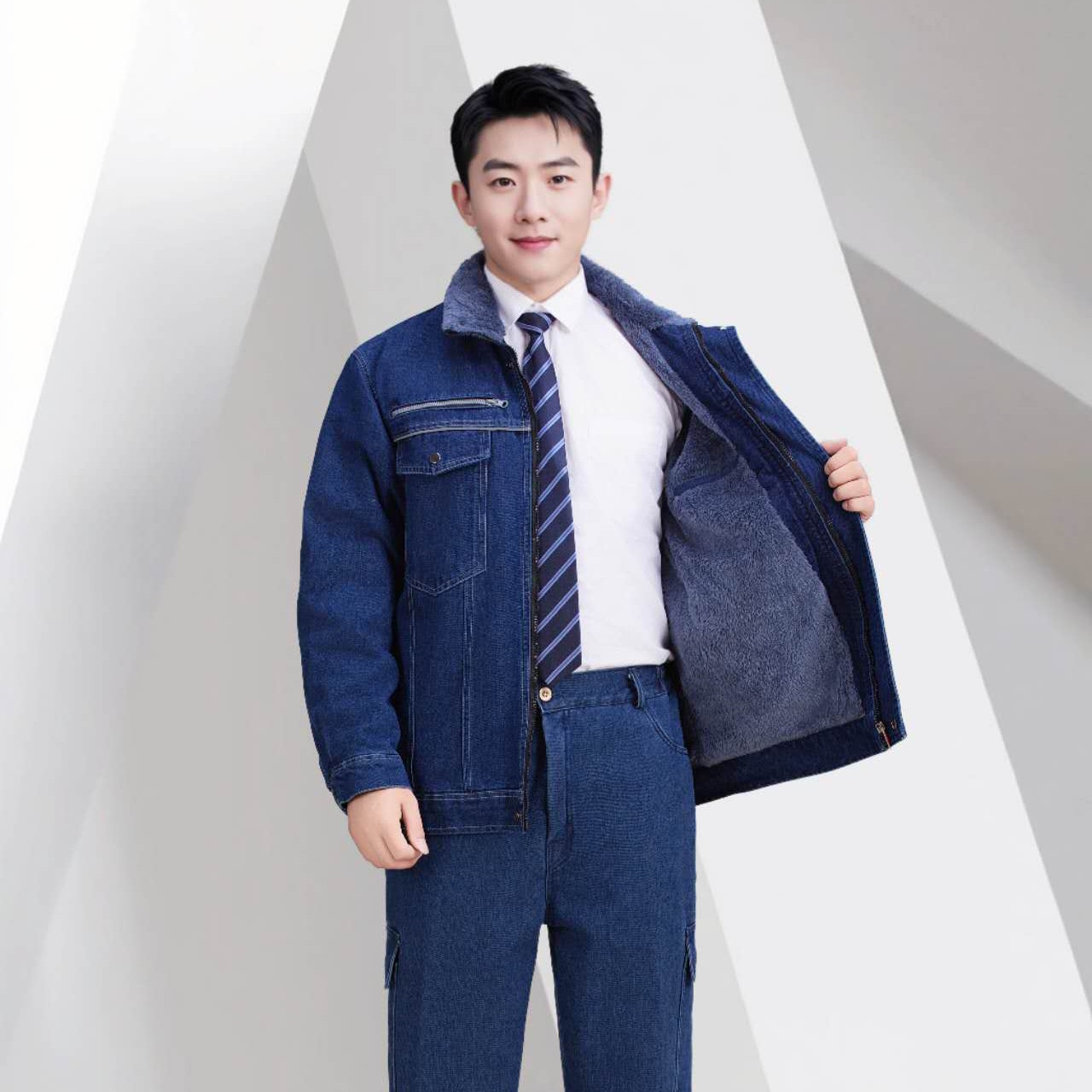 秋冬新款男士牛仔加绒加厚棉衣外套棉服棉袄工作服防耐烫中款电焊