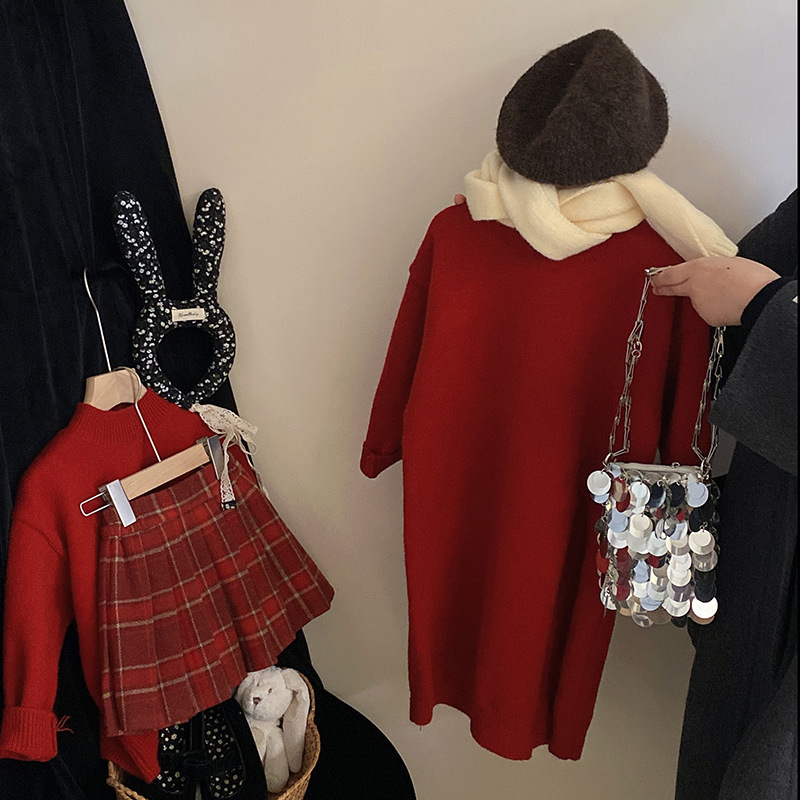 儿童毛衣冬季新款韩版纯色红色针织百褶裙套装