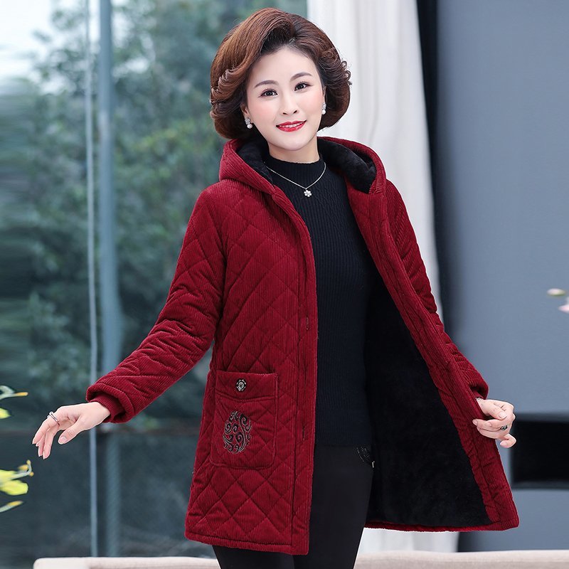 妈妈冬装加绒加厚棉衣中老年人女装中长款保暖连帽灯芯绒棉服外套