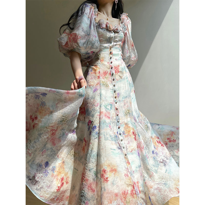 Aconiconi｜暮云繁花 法式复古印花度假风连衣裙夏显瘦收腰茶歇裙