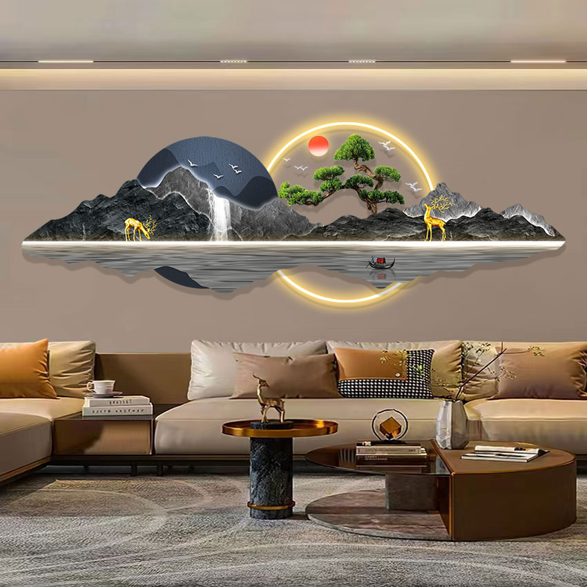 新中式流水生财旭日东升晶瓷电视背景墙沙发东墙挂什么比较好油画