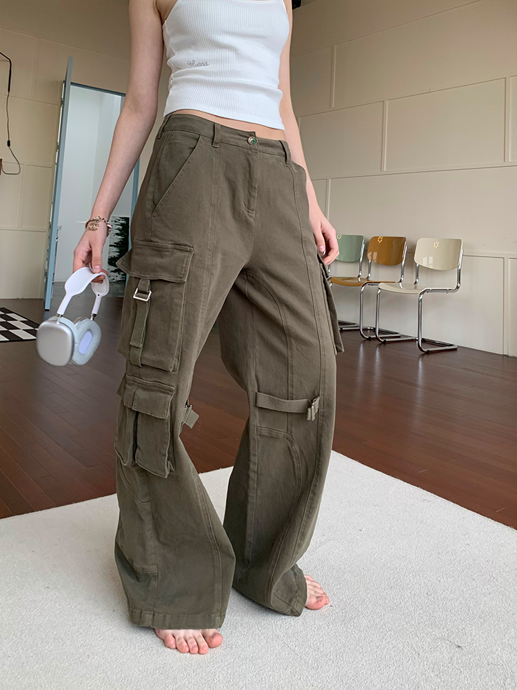 清仓款！直筒工装裤军绿色秋冬裤子百搭多口袋设计师宽松