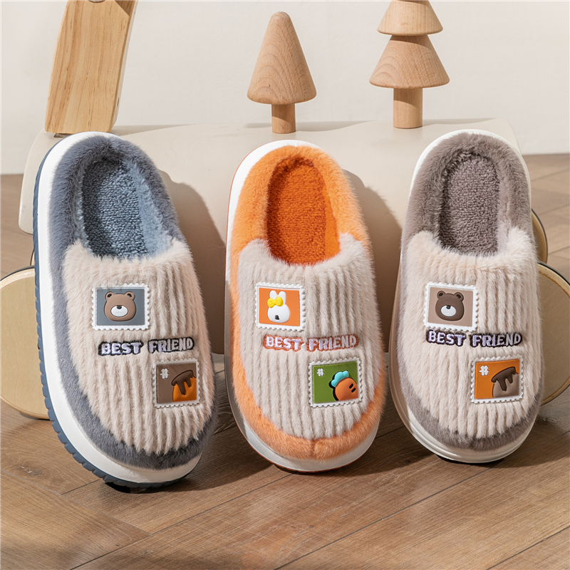 冬季情侣卡通保暖厚底棉拖中大童儿童加绒防滑毛毛软底居家棉拖鞋