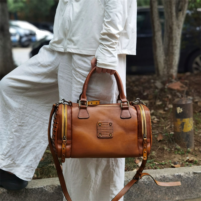 仪迪复古手工植鞣牛皮休闲时尚单肩斜挎真皮波士顿斜挎包大容量