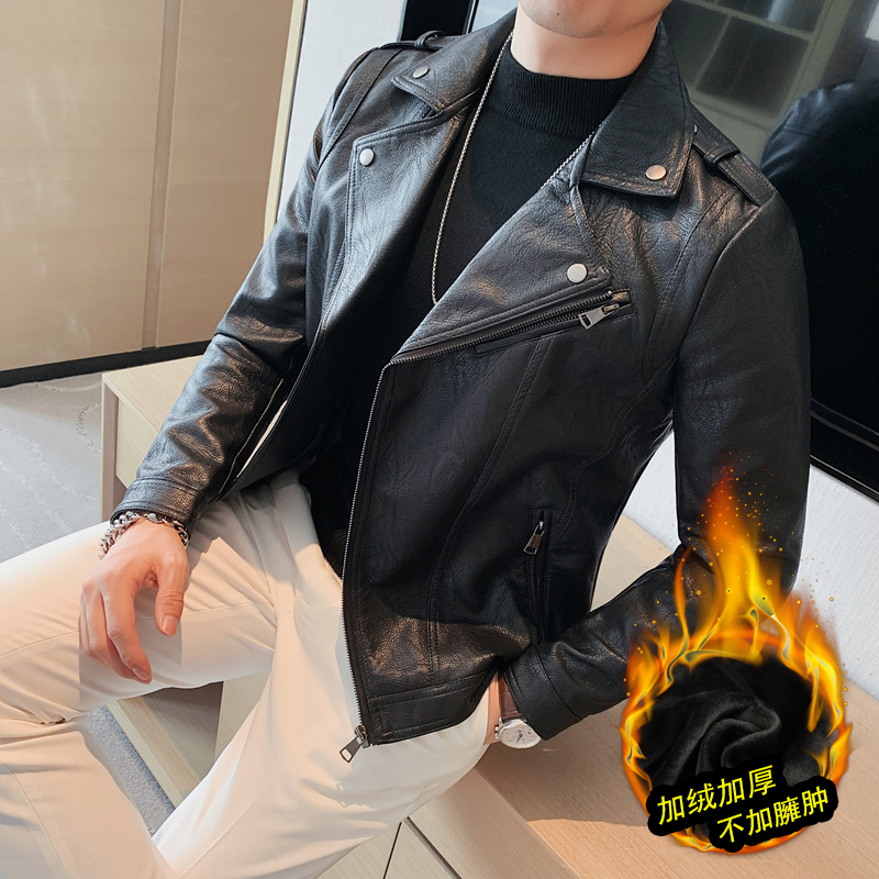 轻熟风男士皮衣外套修身短款秋冬加绒加厚潮流痞帅机车风皮夹克